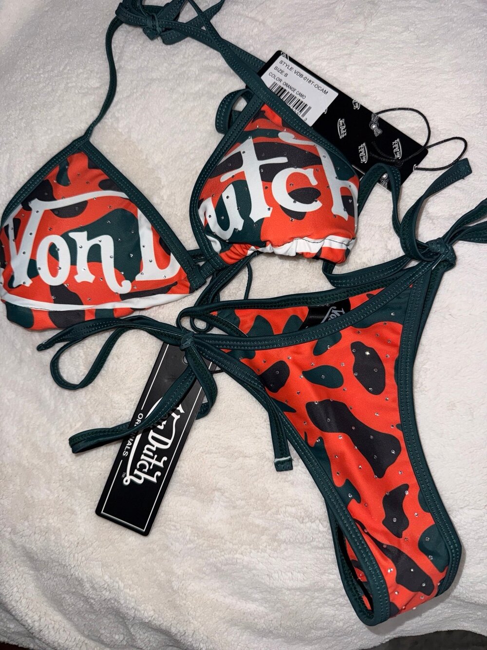 Von Dutch Orange Camo Rhinestone Bikini Set